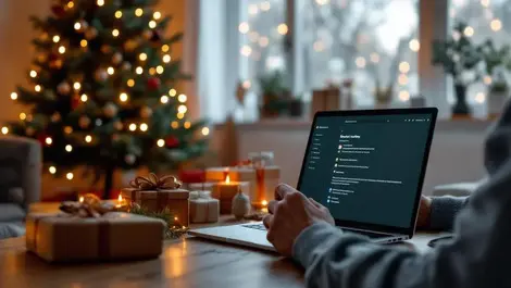 Cozy christmas living room laptop security settings evening