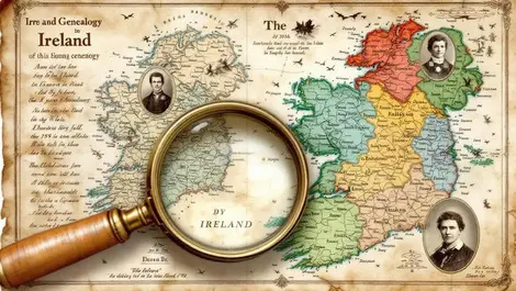 Old irish map highlighted regions vintage magnifying glass ancestral portraits genealogy
