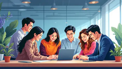 Diverse southeast asian professionals collaborating digital devices modern office growth technology digital jobs asean