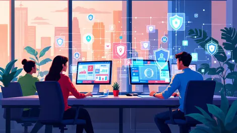 Modern singapore office cybersecurity evaluation digital shield icons