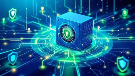 Secure digital vault glowing data lines abstract shields network nodes ai protection