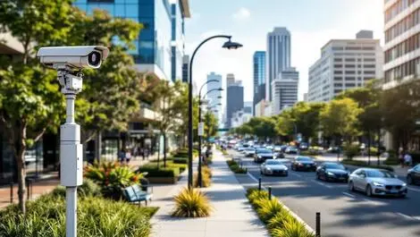 Modern urban street brisbane smart curbside cameras lamp posts busy sidewalks roads greenery