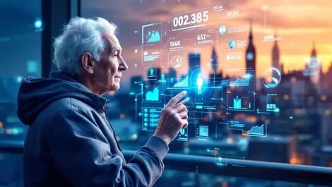 Elderly person ai holographic health metrics uk skyline longevity innovation