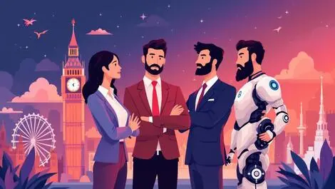 Confident businesspeople engineers collaborating ai robots british landmarks tech uk