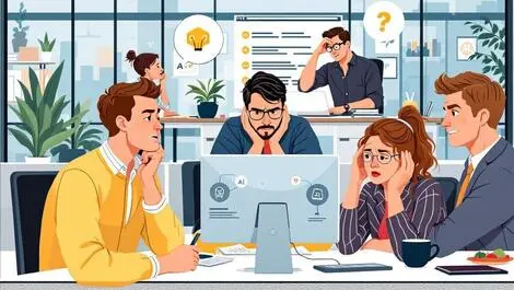 Office workers australia new zealand collaborating ai icons modern office environment