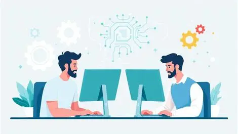 Two software engineers collaborating computers gears circuit patterns ai tech