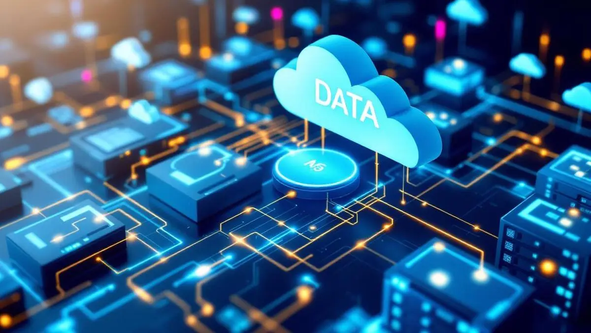 Modern data center servers glowing data lines cloud icons storage units