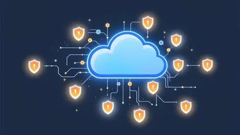 Digital illustration cloud with interconnected shields circuit patterns ai security