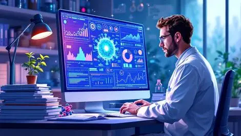 Scientist analyzing biomedical data with research papers and models