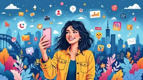 Confident woman taking selfie with digital marketing icons sydney cityscape