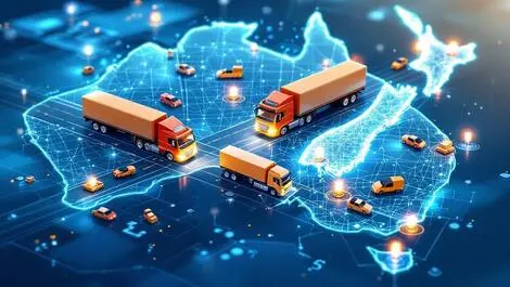 Modern commercial trucks moving highways map australia new zealand logistics fleet management