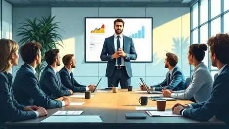 Confident business leader guiding meeting modern uk boardroom strategy