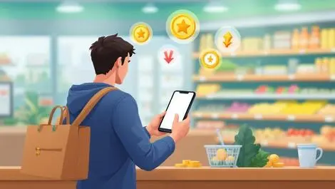 Shopper using smartphone app supermarket checkout coins stars points