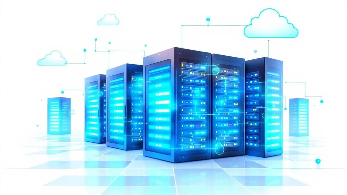 Modern data center server racks glowing blue green lights cloud connections tech growth