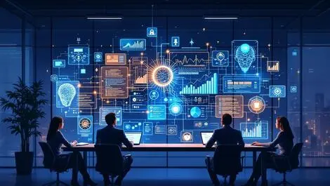 Business professionals collaborating digital screens network ai global enterprise