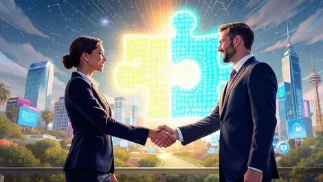 Businesspeople shaking hands puzzle piece software acquisition silicon valley