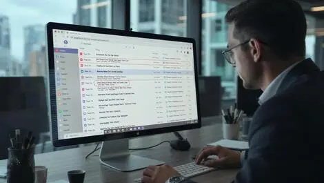 Photorealistic computer screen email inbox suspicious emails office review cautious