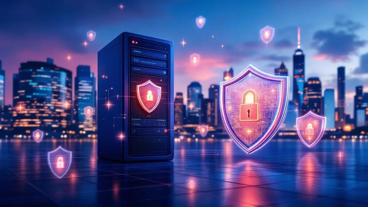 Digital data server protected by security shields australian city skyline local hosting