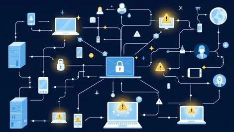 Complex network interconnected devices with vulnerability warnings modern graphic