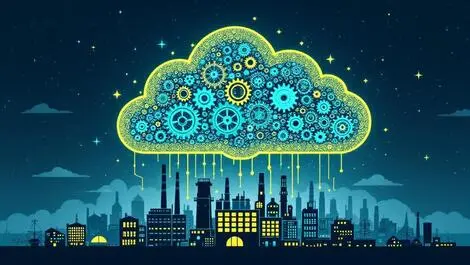 Illustration cloud gears machinery industrial buildings technological growth