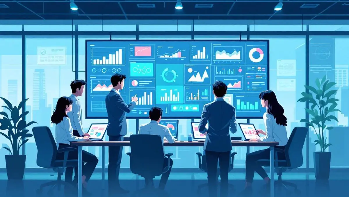 Professional japanese business team collaborating digital interface charts tech teamwork
