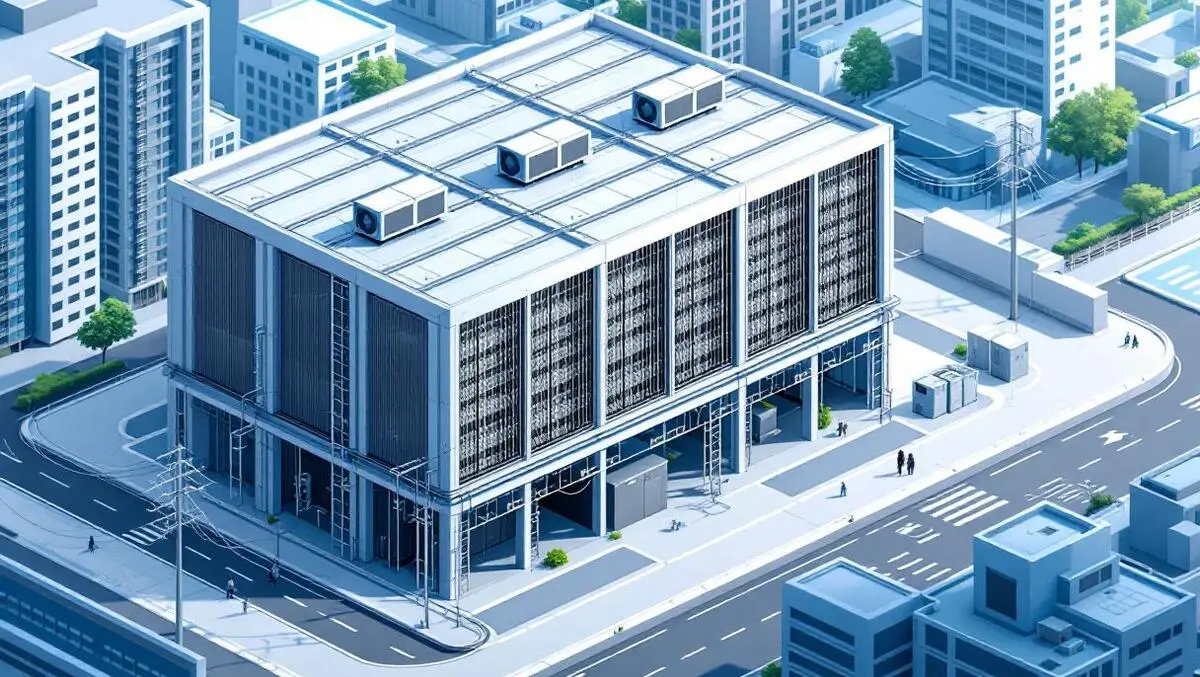 Modern data center building cooling units server racks south korea urban landscape realistic power cables