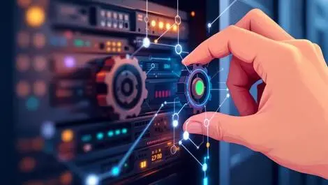 Hand adjusting gears on computer server rack digital pattern it automation