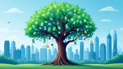 Large tree with dollar bills tech gadgets hanging cityscape australian tech sector