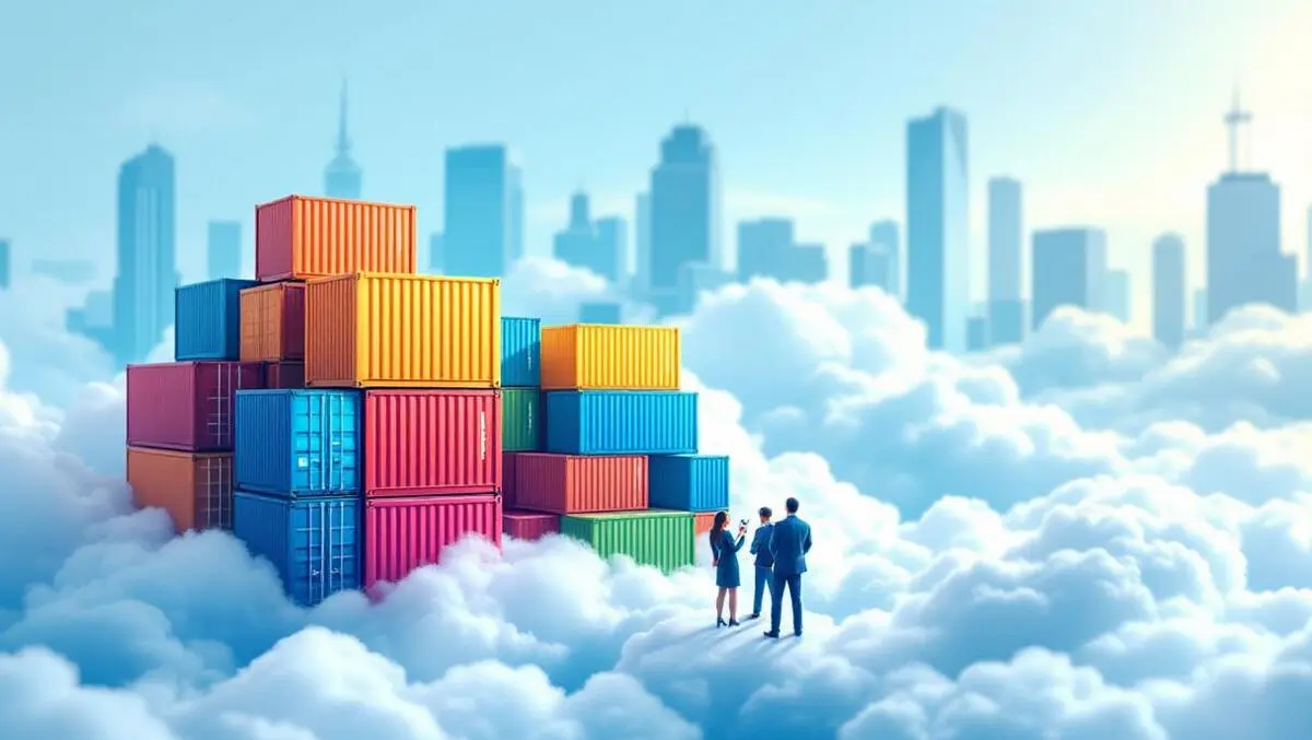 Colorful shipping container stacks on digital cloud with business professionals cityscape
