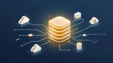 Interconnected data storage cloud icons central glowing server modern design