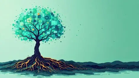 Tree with data stream roots and ai brain branches symbolizing 20 years growth