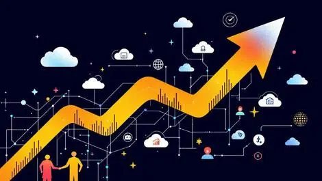 Stylized upward arrow with clouds network lines data symbols us growth