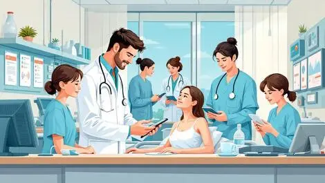 Medical staff patients digital devices modern hospital communication care