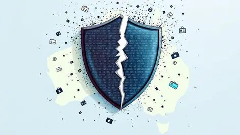 Broken shield digital binary code leaking personal data id cards australia map