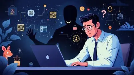 Worried australian businessperson laptop ai driven scams qr phishing icons