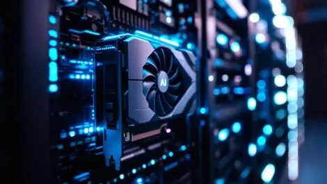 Realistic photo powerful gpu server rack cool blue lighting cloud ai