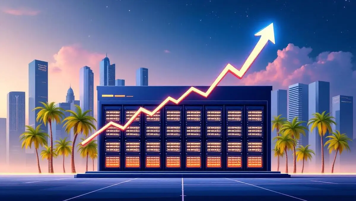 Modern data centre building glowing server racks palm trees kl jakarta growth arrow