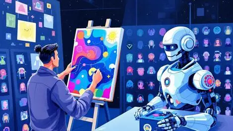 Human artist painting vivid imaginative canvas robot generating uniform images contrast creativity mass production
