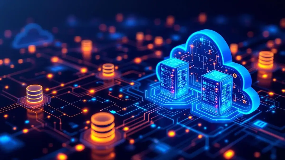 Digital illustration cloud servers ai circuitry glowing database icons data streams