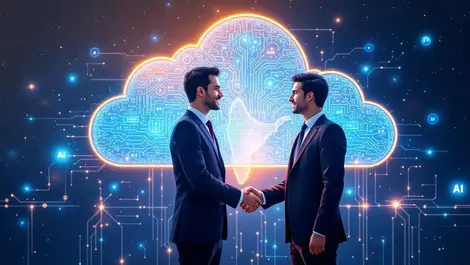 Business people handshake ai circuit cloud digital india map background