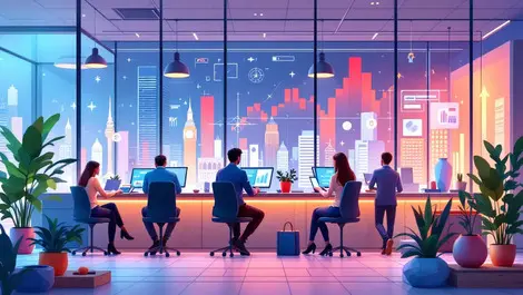 Modern financial services office london professionals collaborating digital innovation