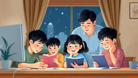 Singaporean children studying at home with books computer tablet parent watching
