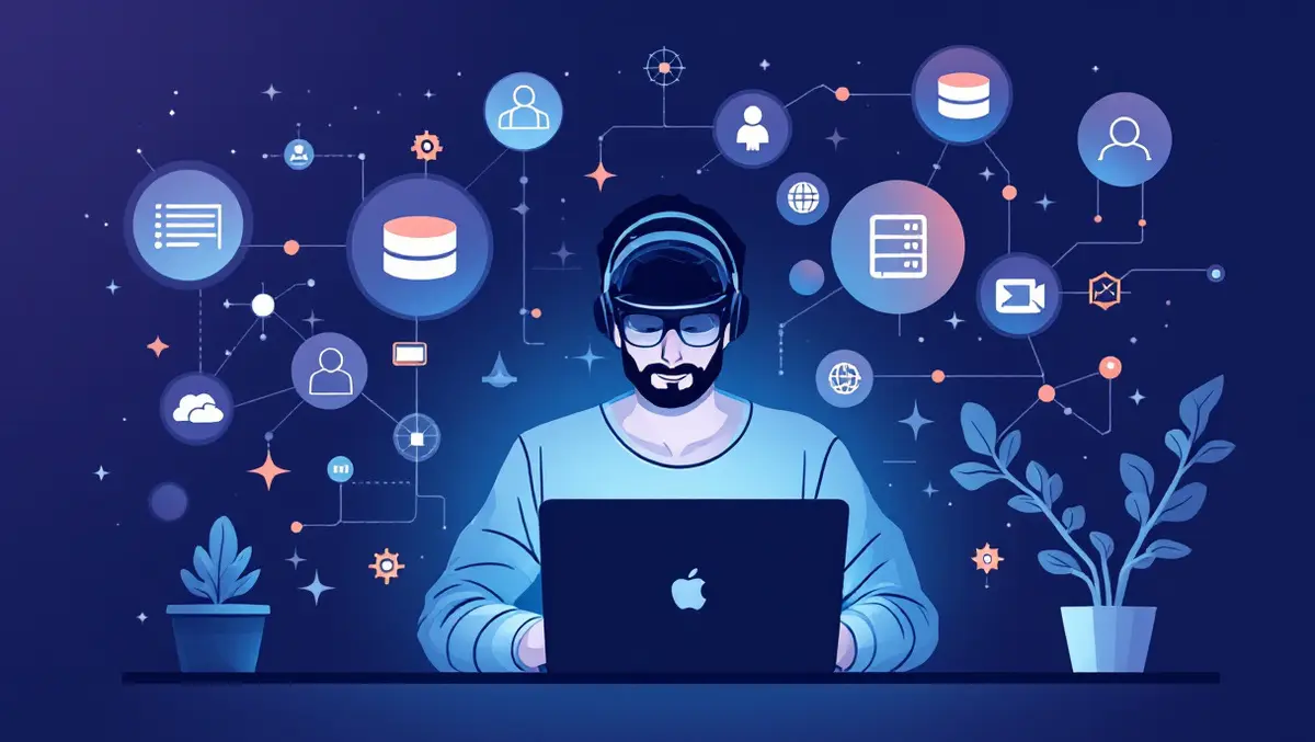 Developer laptop database icons interconnected vector nodes ai search tech