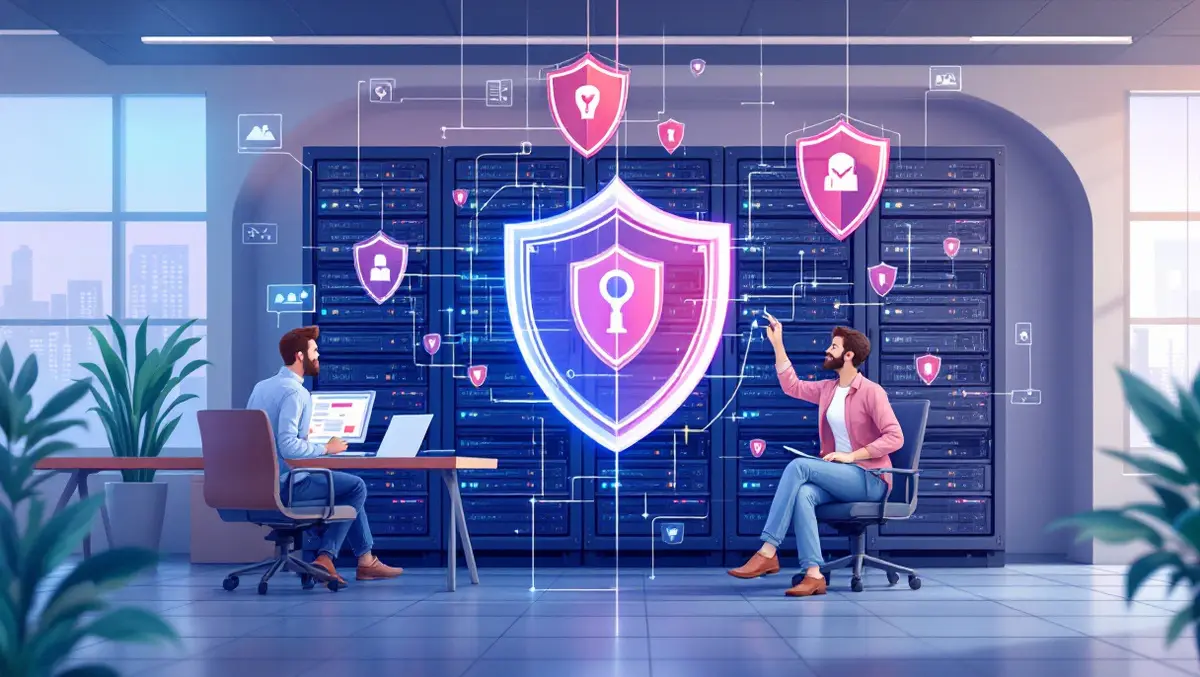 It team modern office analyzing digital security shields server rack