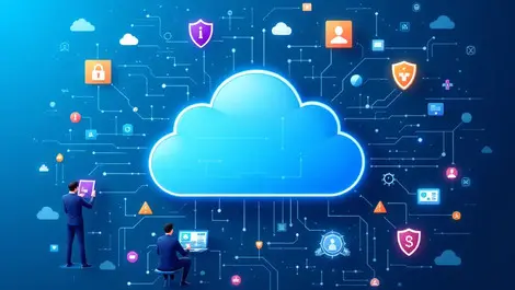 Realistic cloud surrounded by digital security shields alerts professionals analyzing cloud security response