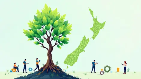 Slow economic growth new zealand map tree gears workers technology productivity