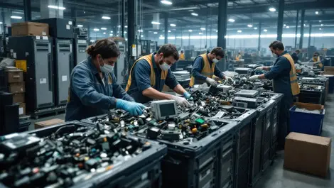 Workers sorting obsolete electronics recycling australian warehouse circuit boards