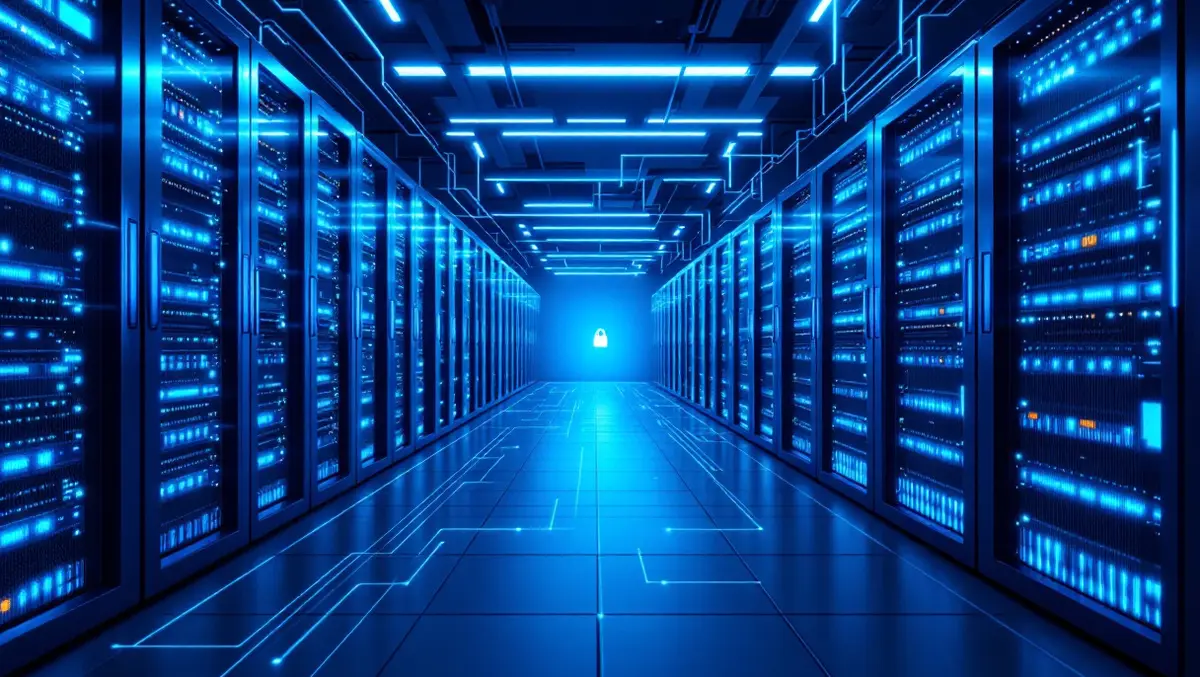 Modern server room detailed illustration cool blue lighting data streams secure environment