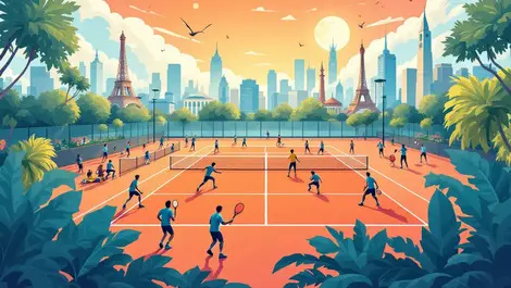 Modern padel court with active players cityscape global landmarks energetic gameplay