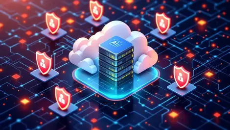 Digital illustration interconnected cloud servers protective shields ai security threat detection